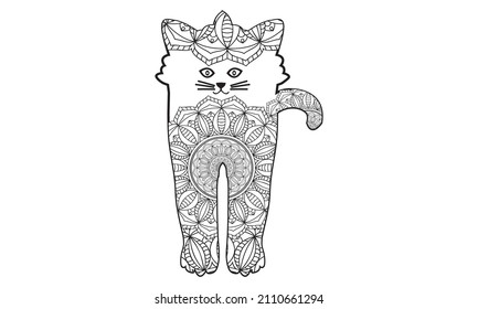 Adult coloring pages. Cat in crown as a king.Line art design for antistress colouring book in zentangle style. Vector illustration.
