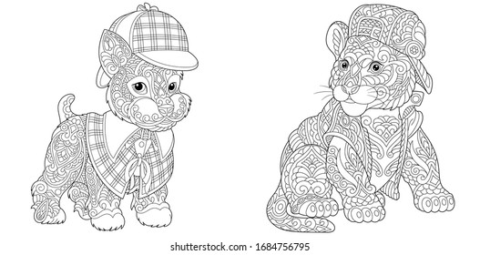 Adult coloring pages. Hipster dog and tiger cub in funny hats. Line art design for antistress colouring book in zentangle style. Vector illustration.