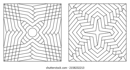 Adult coloring pages. Set of two pictures of concentric intertwined abstract shapes. Black and white patterns. Digital detox. Anti stress. EPS8 #552