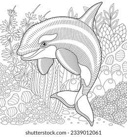 Adult colouring page with a dolphin. Outline intricate underwater design.