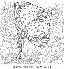 Adult colouring page with a manta ray. Outline intricate underwater design.