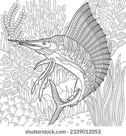 Adult colouring page with a marlin fish. Outline intricate underwater design.