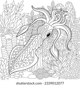 Adult colouring page with a squid. Outline intricate underwater design.