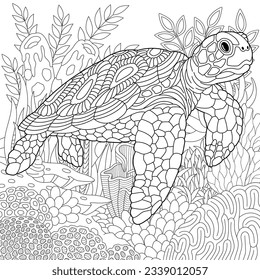 Adult colouring page with a turtle. Outline intricate underwater design.