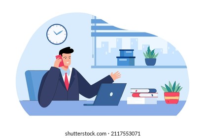 Adult company boss talking on phone in office. Manager with telephone and laptop at work, workplace interior flat vector illustration. Success, communication concept for banner or landing web page