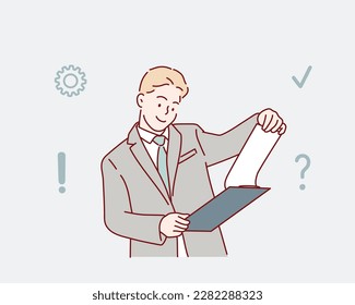 adult company director, checking the company finances. Hand drawn style vector design illustrations.