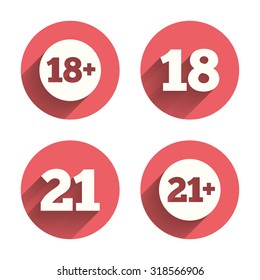 Adult content icons. Eighteen and twenty-one plus years sign symbols. Pink circles flat buttons with shadow. Vector