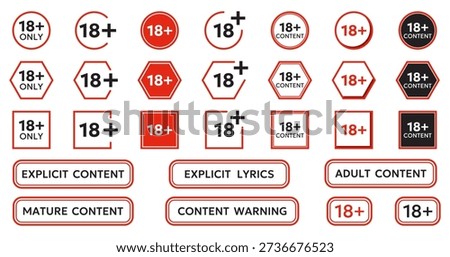 Adult content warning labels collection with eighteen plus signs. Age restriction symbols in red style