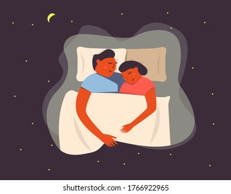 Adult couple cuddling under the blanket in bed at night. Sleeping together. Top view. Flat vector illustration. Template design elements for web, etc.