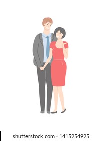 Adult couple, handsome man in suit and pretty woman in red dress isolated cartoon characters. Vector husband and wife, happy family, laughing people