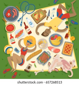 Adult couple man and woman on summer picnic barbecue outdoor icons romantic summer picnic food vector illustration