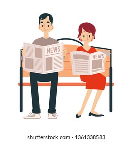 An adult couple, a man and a woman read a newspaper, news, standing and sitting on a bench. Man and woman in cartoon flat style read newspaper and news, isolated vector illustrations on white