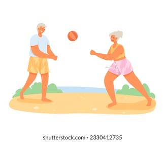 Adult couple resting near river. Man and woman playing ball on shore beach. Happy and modern pensioners. Active senior adults. Flat vector illustration in orange colors