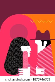 Adult couple saying goodbye vector illustration. Flat design vintage style illustration of man in suit and woman in dress looking at each other.