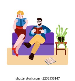 Adult couple spend time at home. Elegant woman watch photo album. Man with beard read the book. Cartoon style vector illustration about familys hobby or literature club