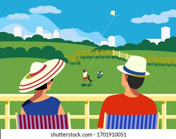 Adult Couple Staycation At Home Balcony In City House Flat Vector. Stay Home Vacation Enjoy Cartoon Illustration. Family Social Distancing Leisure Activity In Town House Backyard. Leisure Time In Town