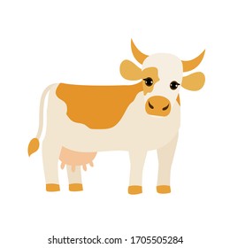 adult cow stands light with brown spots, farm animal. flat vector illustration. Milk, dairy, farm product design element.