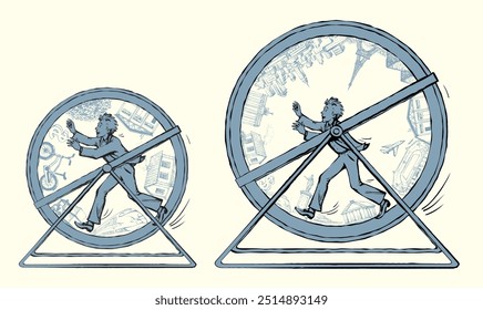 Adulto louco engraçado agitado escritório vida chefe cara marcar hora rápido voar dentro roedor rato pet volta girar rolo. Mão desenhada diversão corrida stress esporte tarefa armadilha rotina sprint corrida sinal ícone desenho animado arte estilo ideia