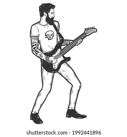 Adult creative musician with electric concert guitar. Sketch scratch board imitation color.