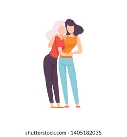 Adult Daughter and Elderly Mother Embracing, Two Generations of Women Vector Illustration