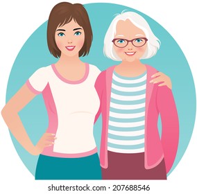 Adult daughter and elderly mother are embracing/Adult daughter and elderly mother/Two generations of women adult daughter and her elderly mother