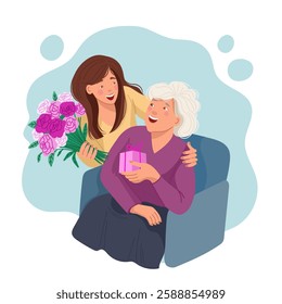Adult daughter gifts elderly mother flowers and gift 