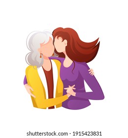 Adult daughter hugging her old mother with love. Motherhood, Parenthood, Childhood, Mother's Day, Happy family concept. Isolated vector Illustration for poster, banner, card, cover.