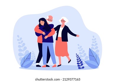 Adult daughter hugging old father. Woman visiting parents or grandparents flat vector illustration. Family, relationship, elderly care concept for banner, website design or landing web page