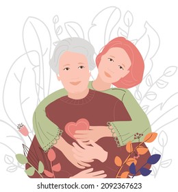 An adult daughter hugs her mother or grandmother, an older woman with hearing aids. Illustration showing the care and support of young people for older people, caring for people with hearing impairmen