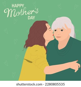 Adult daughter kissing her mother. Happy Mother's Day card. Vector illustration. Daughter's love concept