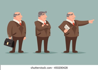 Adult Demonstration Businessman Big Boss Character Points Way Prosperity Success Wealth Icons Set Isolated Stylish Background Retro Vintage Art Cartoon Design Vector Illustration