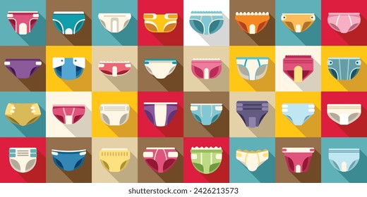 Adult diaper icons set flat vector. Layer sanitary. Pad mattress