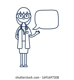 adult doctor woman standing with speech bubble over white background, flat style, vector illustration