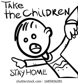 The adult does not let the child go for a walk. Lettering "Take the children" and "Be at home" A boy who runs to play but he is not allowed. Illustration for a children's book, sticker, news, design.