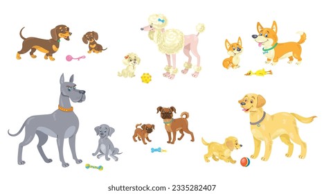 Perros adultos con sus cachorros. Conjunto de diferentes razas. Dachshund, Poodle, Corgi, Great Dane, Griffon belga y Golden Retriever. Al estilo de las caricaturas. Aislado en blanco. Ilustración plana vectorial.