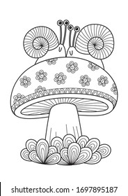 Adult doodle coloring book page snails on mushroom. Antistress zentangle. 