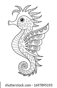 Adult doodle coloring book page sea horse. Antistress zentangle. 