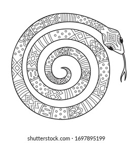 Adult doodle coloring book page snake. Antistress zentangle. 