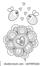 Adult doodle coloring book page flower and bees. Antistress zentangle.