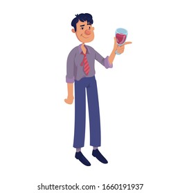 Adult drunk man flat cartoon vector illustration. Alcoholic holding wineglass, toasting. Ready to use 2d character template for commercial, animation, printing design. Isolated comic hero