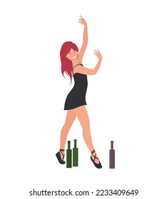 Adult Drunk woman  with alcohol bottle, celebrates a holiday, drinks wine and dances. Alcoholic character. Alcohol addiction. Cartoon flat vector illustration isolated on white background