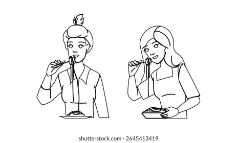 adult eating noodles woman vector. asian young, girl happy, lifestyle lunch adult eating noodles woman character. people black line pencil drawing illustration