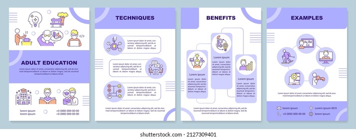 Adult education brochure template. Lifelong learning. Leaflet design with linear icons. 4 vector layouts for presentation, annual reports. Arial-Black, Myriad Pro-Regular fonts used
