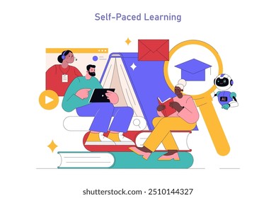 Conceito de Educação de Adultos. Alunos diversificados se envolvem em estudo autodidático com recursos digitais e tradicionais. Aprendizagem on-line e integração de IA. Ilustração vetorial.