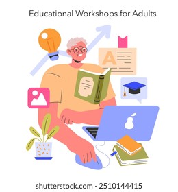 Conceito de Educação de Adultos. Aprendizagem ao longo da vida e melhoria das competências através de seminários educativos. Cursos online, leitura, progressão na carreira. Ilustração vetorial.