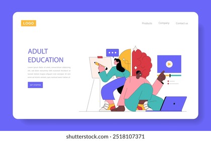 Adult Education concept. Lifelong learning showcased through mature students engaged in online and interactive study. Continuous skill development. Vector illustration.