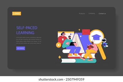 Adult Education concept. Online learning platform homepage with diverse students engaged in self-paced study. E-learning accessibility, digital classroom. Vector illustration.