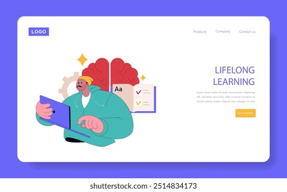 Adult Education concept. A person engaging in online study, symbolizing continuous learning and skill development. Lifelong education theme. Vector illustration.