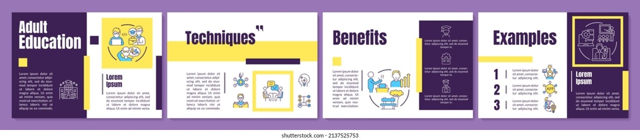 Plantilla de folletos amarillos y morados para la educación de adultos. Aprendizaje permanente. Diseño del prospecto con iconos lineales. 4 diseños vectoriales para presentación, informes anuales. Anton, fuentes Lato-Regular usadas