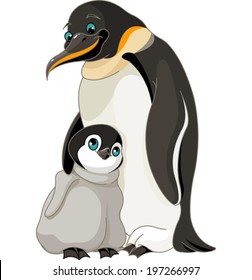 An adult Emperor Penguin with its chick